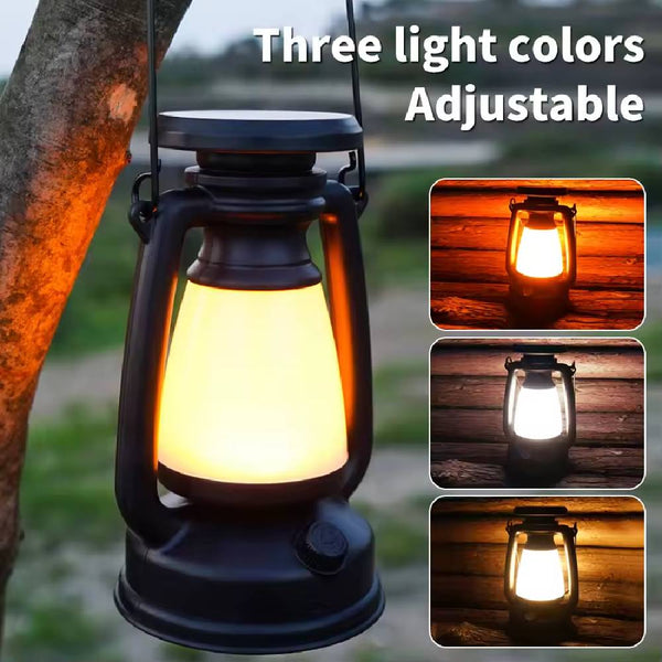 Black lantern with adjustable three-color light, solar camping USB rechargeable lamp with amber glow