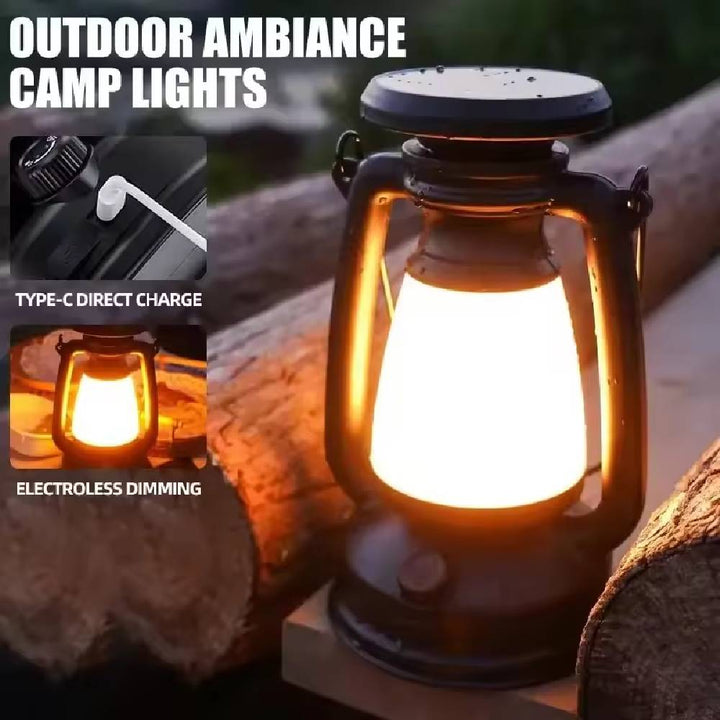 Solar Camping USB Rechargeable Lamp with amber glow, Type-C charging, and electroless dimming