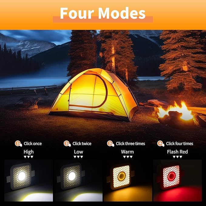 Solar COB Multifunctional Work Light with Tripod showing four modes: high, low, warm, flashing red