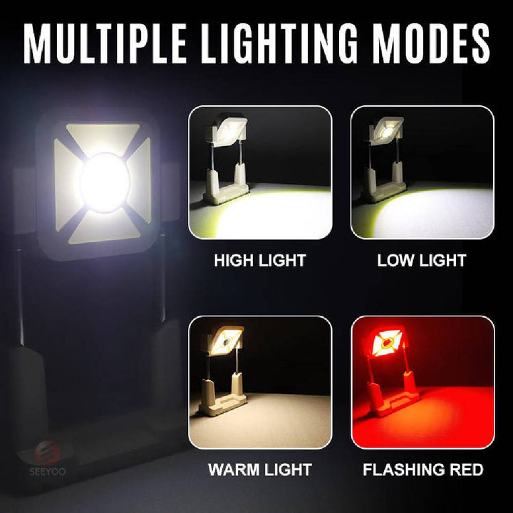 Solar COB Multifunctional Work Light with Tripod showcasing multiple lighting modes for versatile use