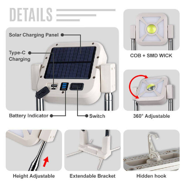 Portable Solar COB Multifunctional Work Light with Tripod for Solar Charging Work Light