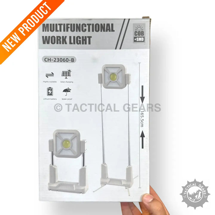 Solar COB Multifunctional Work Light with Tripod, waterproof, solar charging, and 165.5 cm height