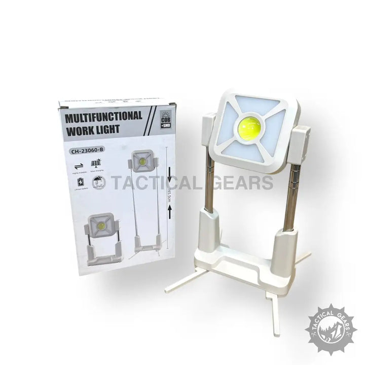 White square COB multifunctional work light with bright yellow LED and collapsible tripod