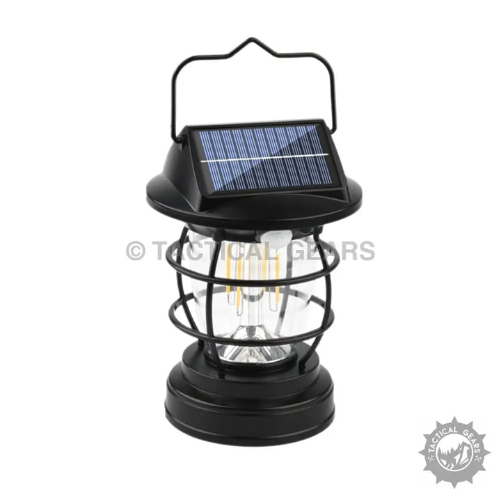 Black Solar-Induction Portable Camping Lantern with light sensor and exposed filament bulb