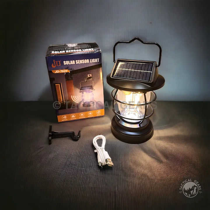 Black Solar Induction Portable Camping Lantern with Light Sensor and Solar Panel