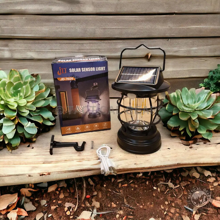 Black Solar Induction Portable Camping Lantern with Light Sensor and Hanging Handle