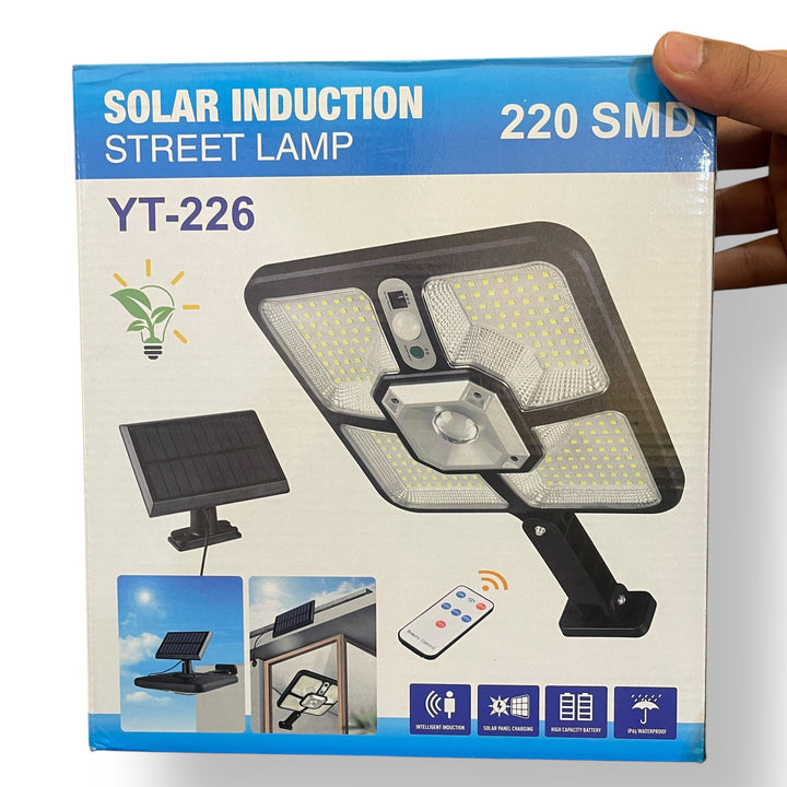 Solar induction street lamp with remote control, motion sensor, and multiple light settings
