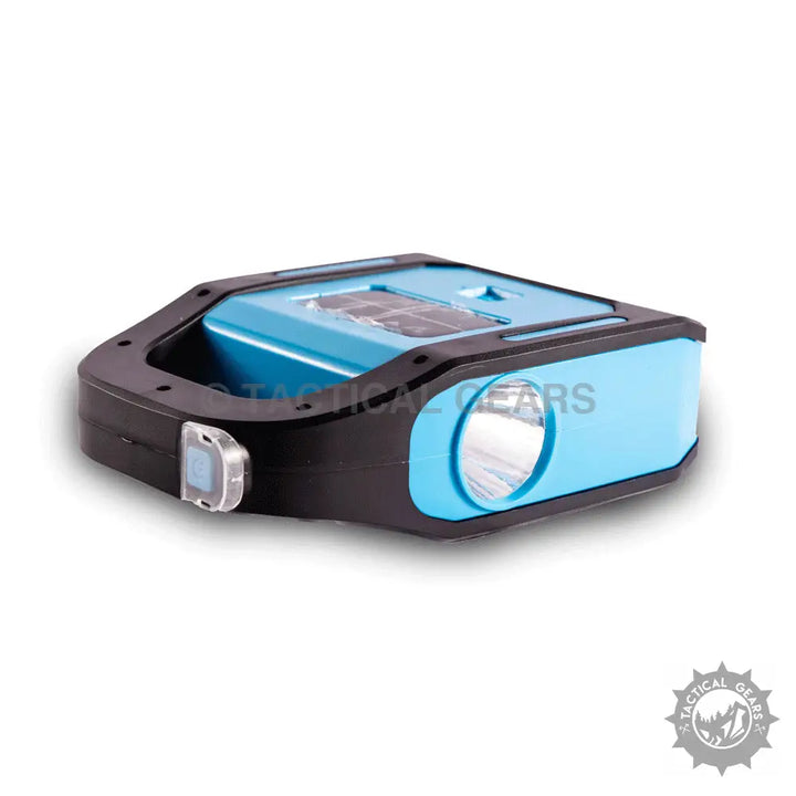 Blue and black rugged outdoor camping light with solar panel, ideal emergency light
