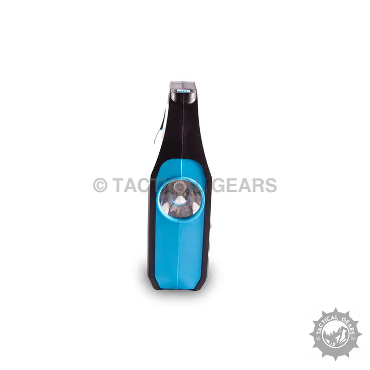 Black and blue solar-powered multi-tool with flashlight, ideal as an emergency light for camping