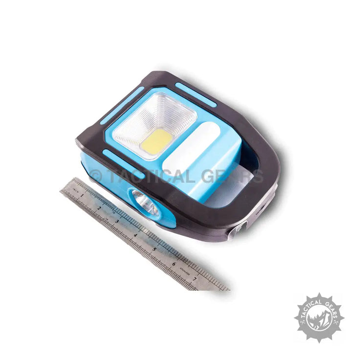 Blue and black multi-function LED work light with ruler, ideal as an emergency light for outdoor camping