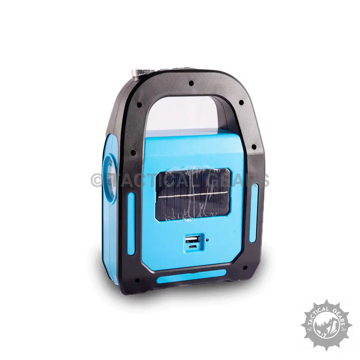 Portable blue and black solar-powered lantern with USB charging port for emergency light