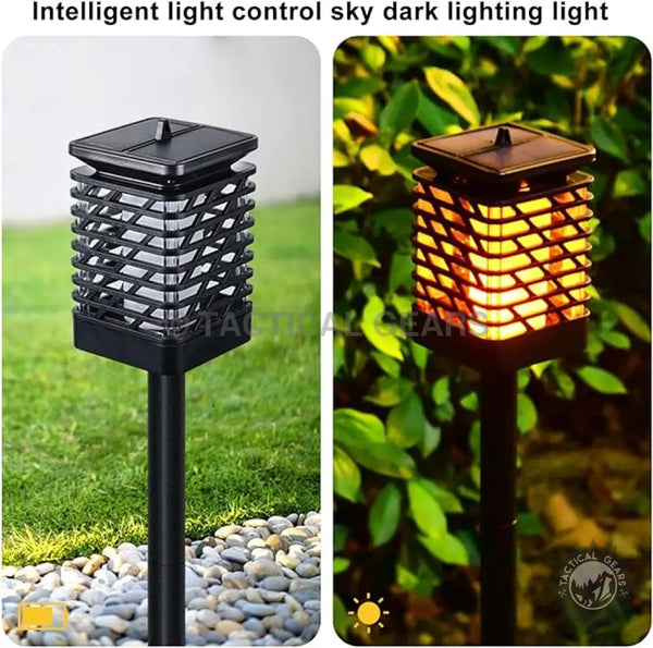 Solar Outdoor Garden Light with black square slatted cage design for outdoor garden decor