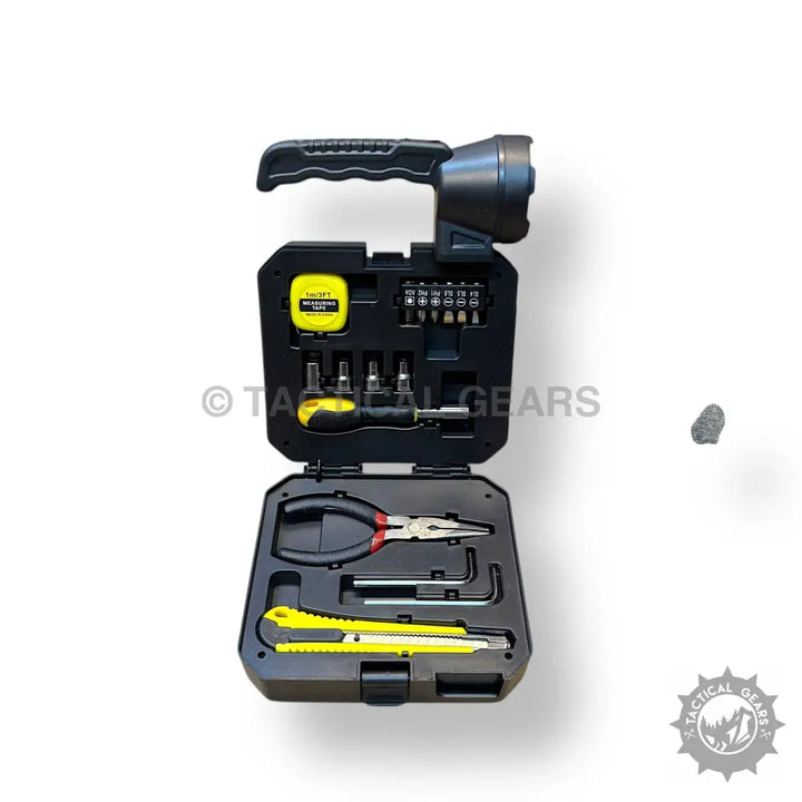 Portable solar portable lamp with built-in flashlight and compact toolkit with hand tools
