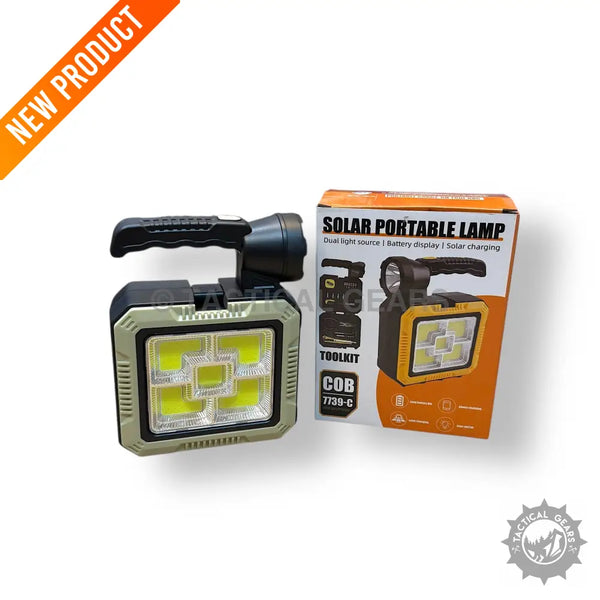 Solar portable lamp with dual lights, battery display, and solar power for outdoor use