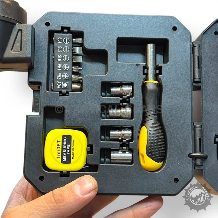 Solar portable lamp with multi-tool kit including screwdriver bits sockets and measuring tape