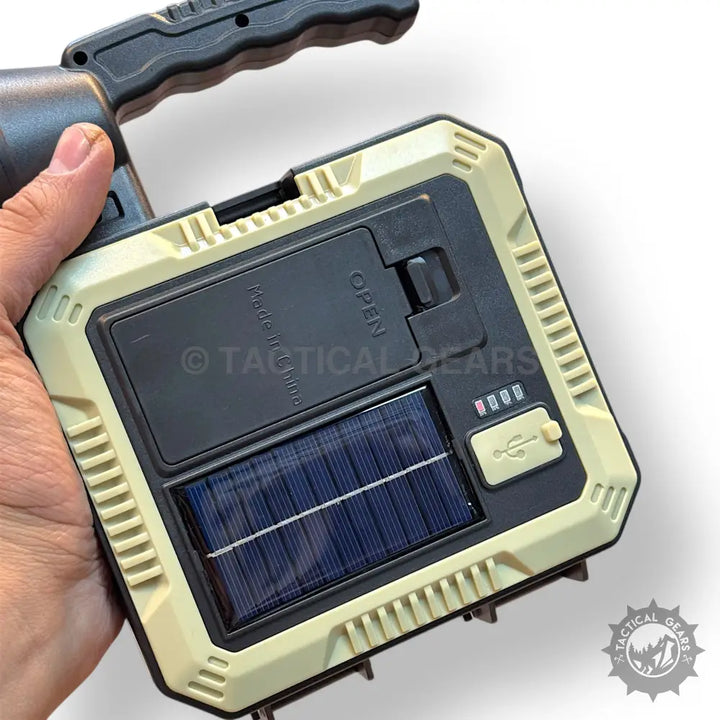 Solar portable lamp with flashlight, USB port, and carry handle for outdoor use