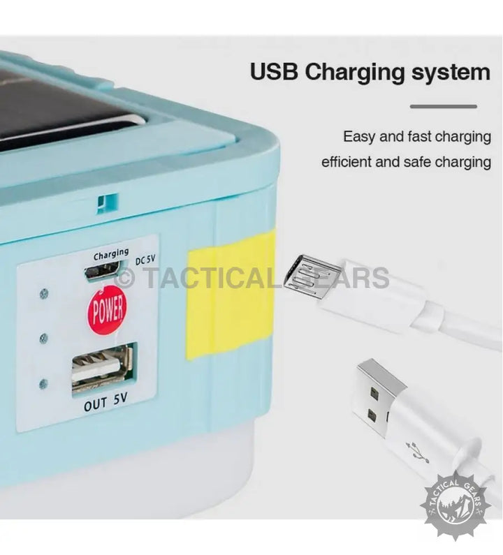 Light blue Solar Powered Camping Lantern with solar charging and USB ports
