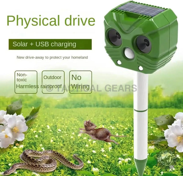 Green solar powered outdoor animal repeller with USB charging for effective pest control