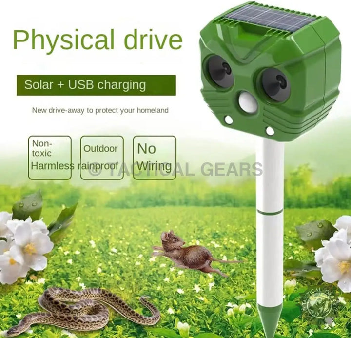 Green solar powered outdoor animal repeller with USB charging for effective pest control