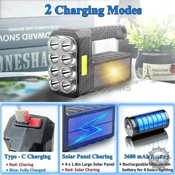 Solar Rechargeable COB Flashlight with Type-C, solar charging, and 3600mAh battery for camping