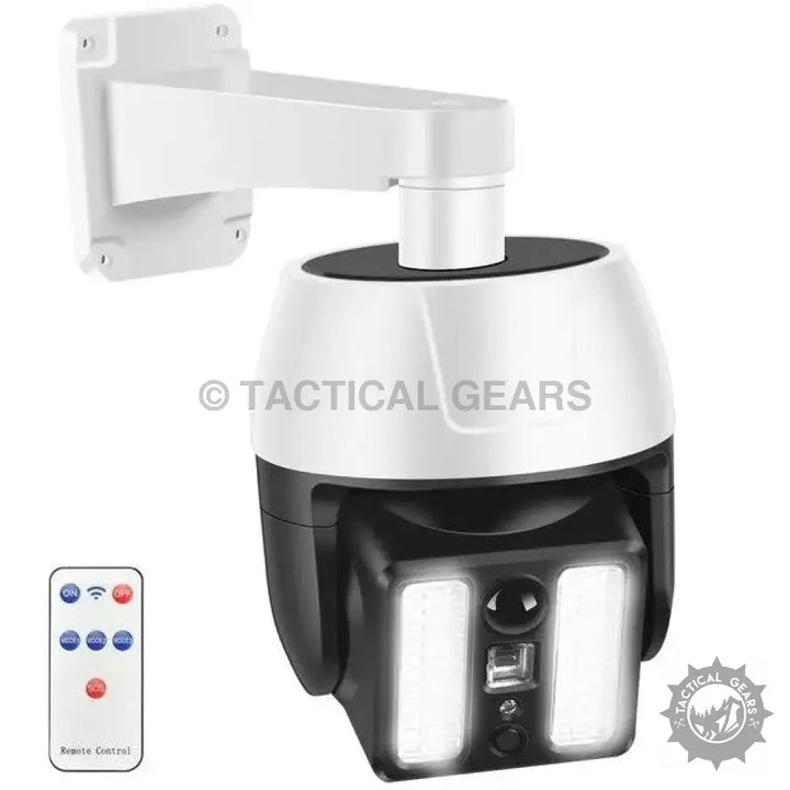 White and black outdoor security camera with remote control for Solar Sensor Monitoring Lamp