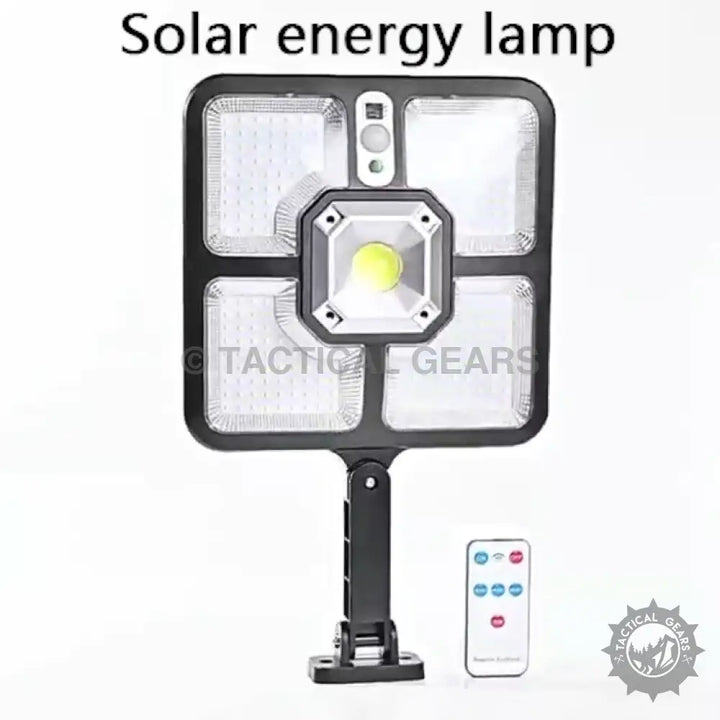 Black solar street light with multiple LED panels and remote control for efficient solar street lighting