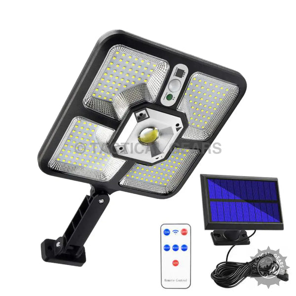 Black solar street light with remote control and solar panel for outdoor illumination