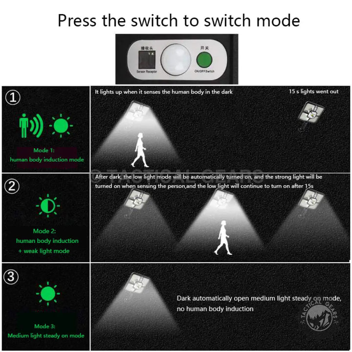 Solar street light with motion sensor showcasing three operating modes for energy-efficient lighting