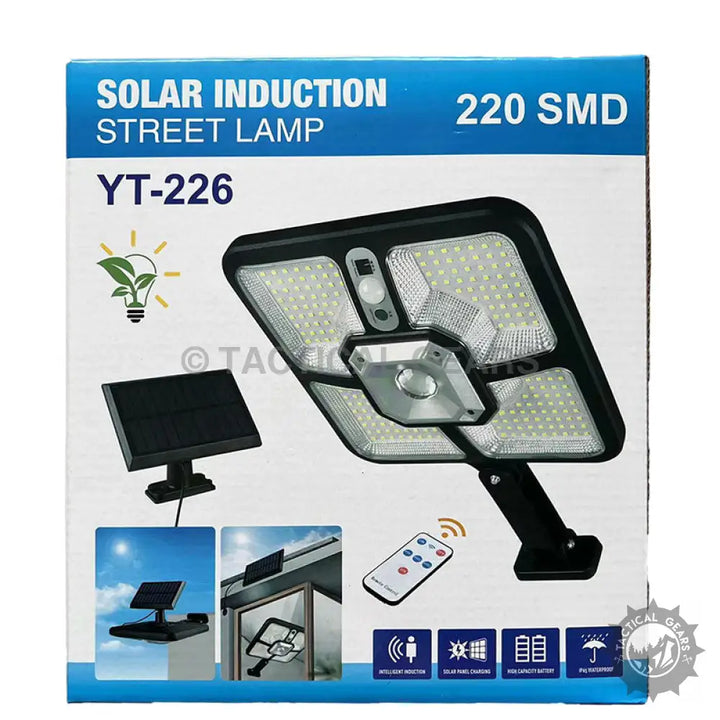 Box for Solar Street Light with Motion Sensor featuring 220 LEDs, remote, solar panel, waterproof
