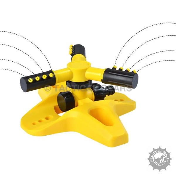 Yellow rotary lawn sprinkler with black nozzles from Splashing Water Sprinkler, a three-pronged sprinkler system