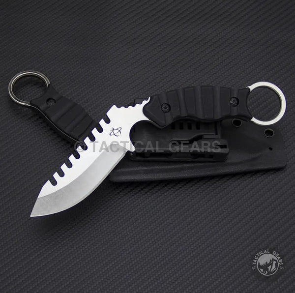 Black-handled tactical karambit knife with serrated blade and finger rings for tang survival camping
