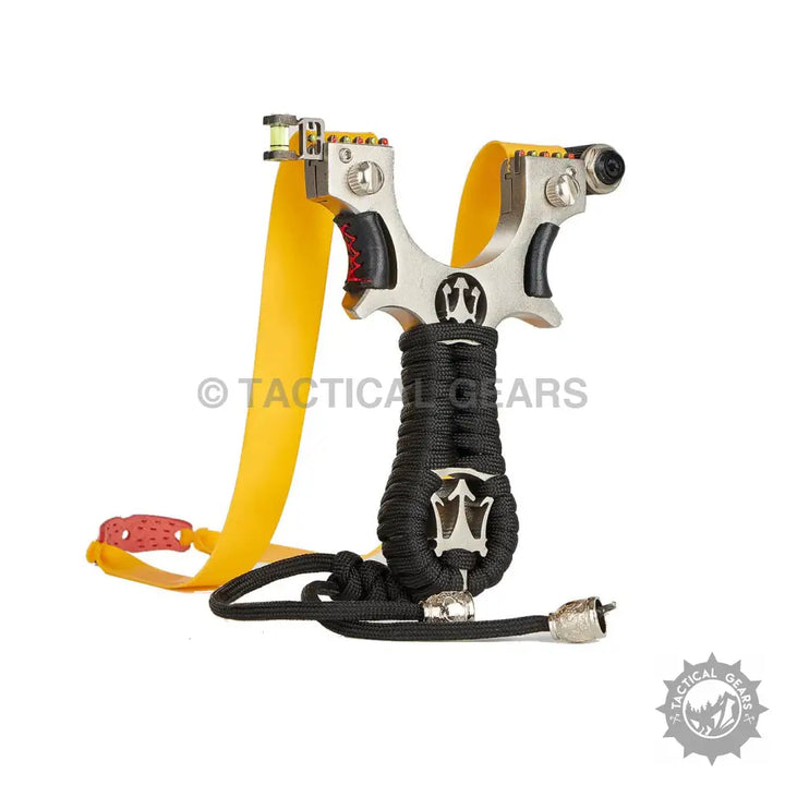 Stainless steel Hunting Slingshot with black paracord handle and yellow elastic bands