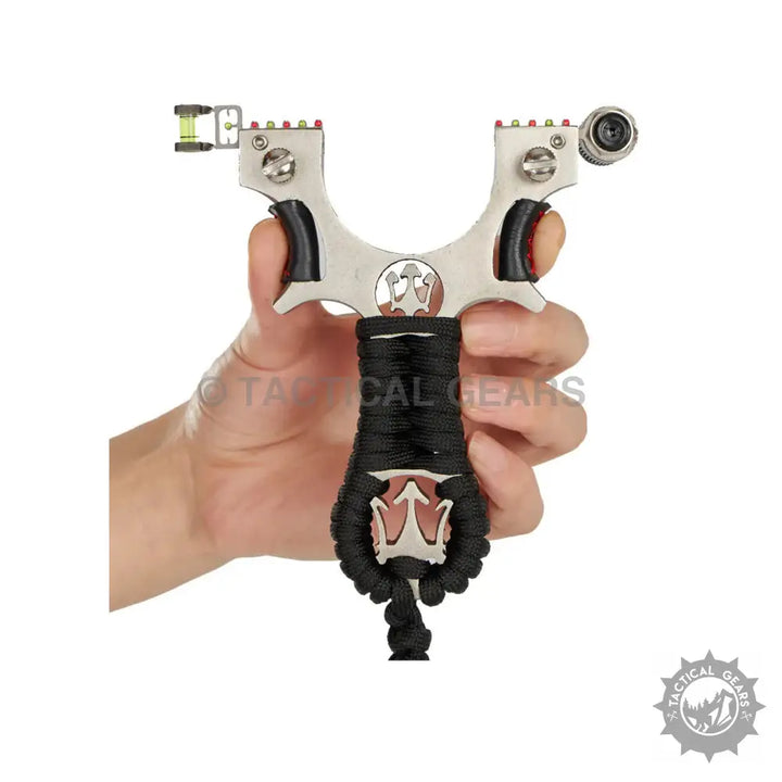 Stainless steel Hunting Slingshot with slingshot head, paracord handle, fiber optic sights, and built-in level with red laser