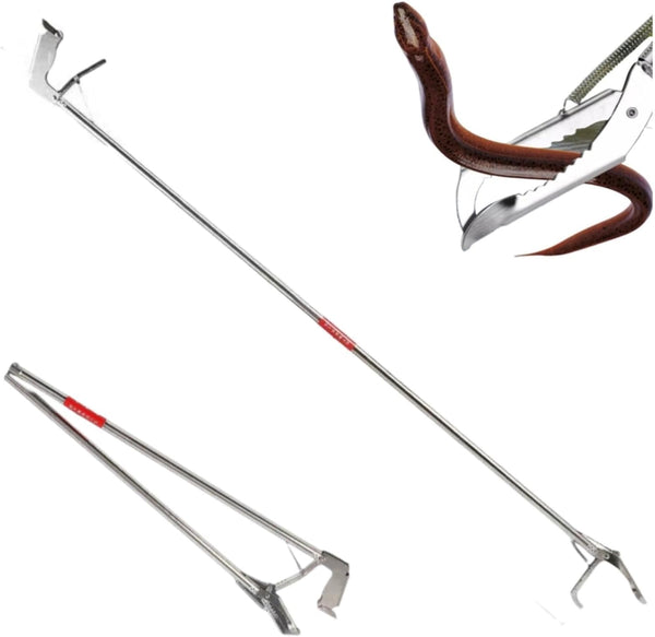 Long stainless steel snake catcher tong for safe handling and capture of steel snakes