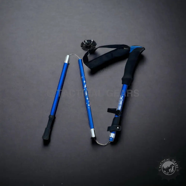 Blue collapsible hiking pole with straight handle folding trekking design and wrist strap