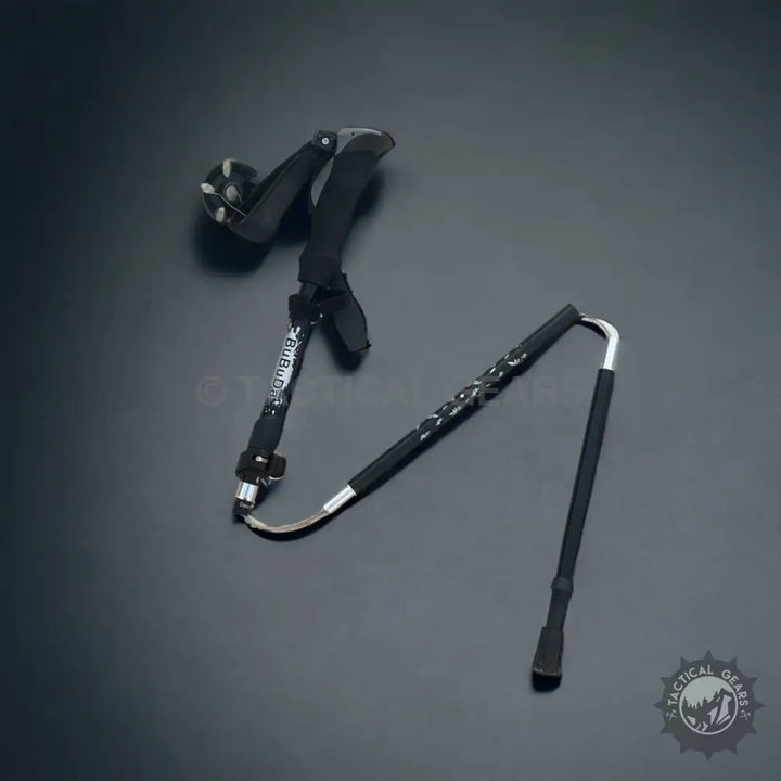 Black and silver straight handle folding trekking poles with ergonomic handle for easy trekking