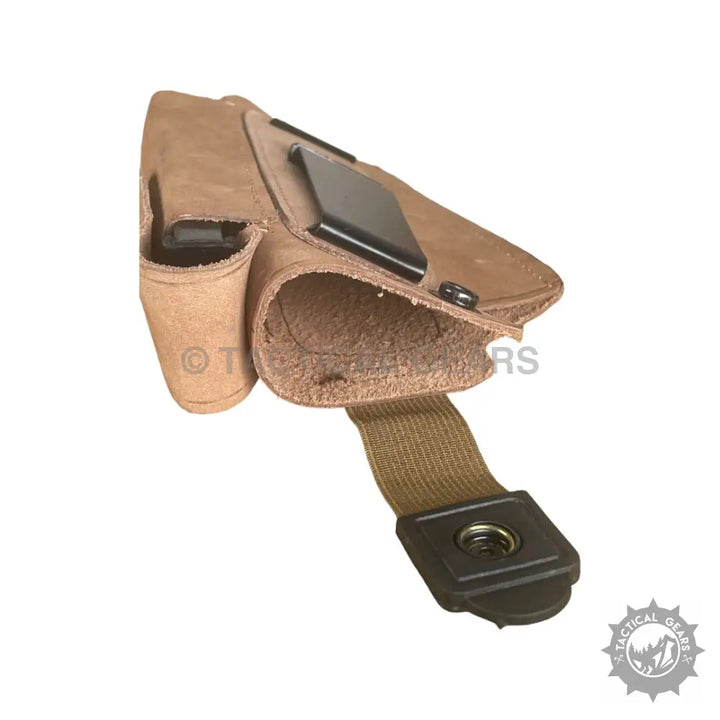 Light brown leather holster pouch with compartments and strap for Suede 9mm Left Hand Holster
