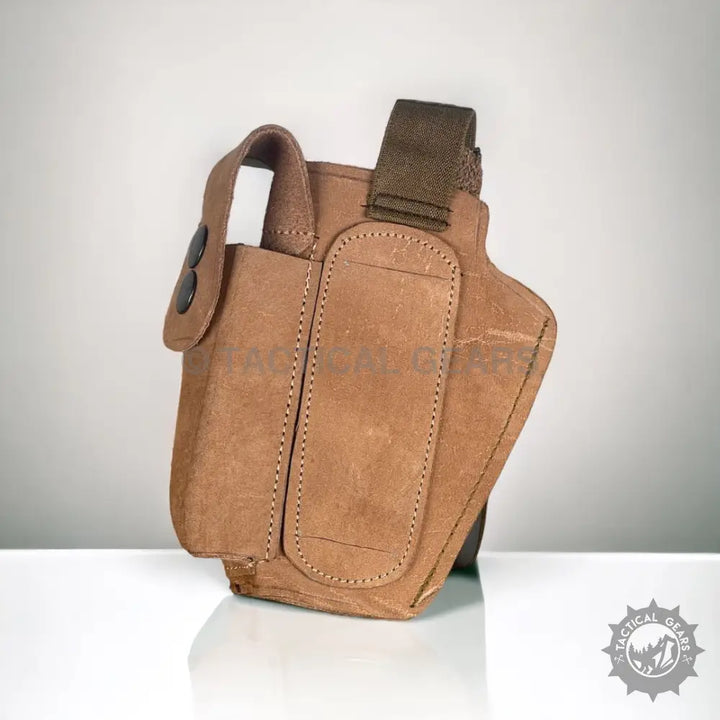 Brown leather tactical pistol holster with snap closures for Suede 9mm Left Hand Holster