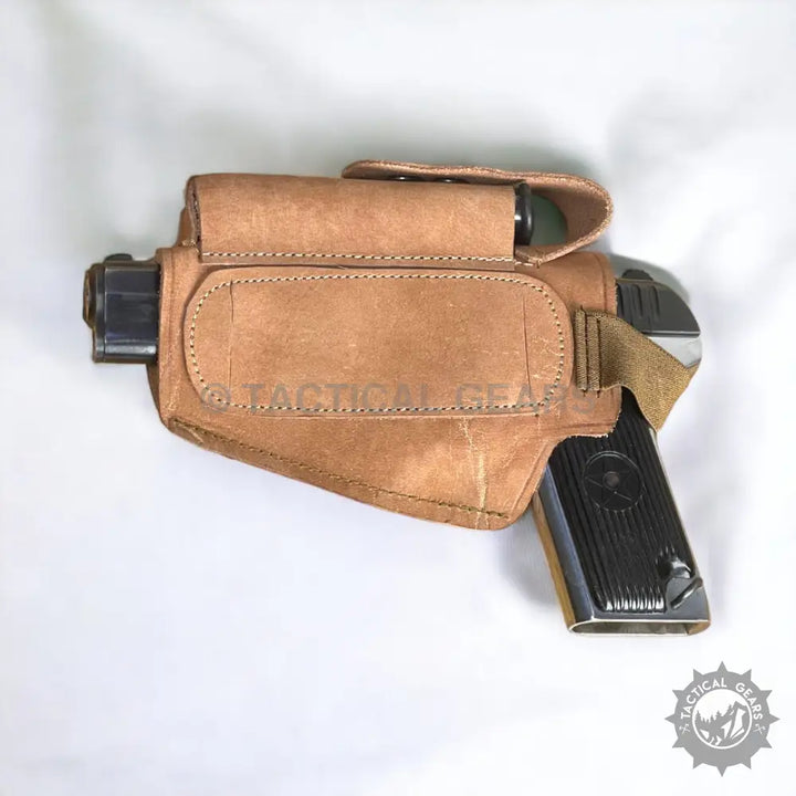 Light brown leather holster with magazine pouch for 9mm pistols, Suede Left Hand Holster