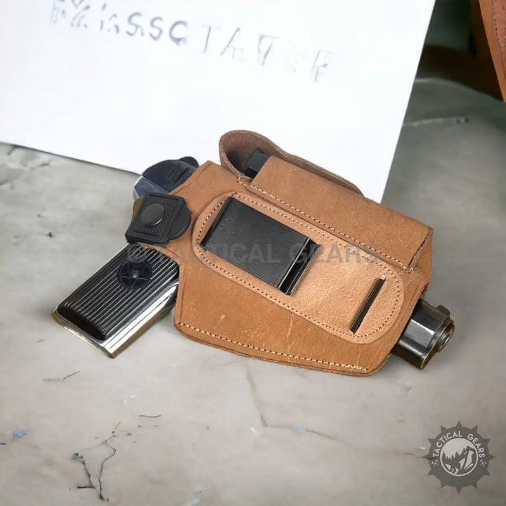 Brown leather gun holster with magazine pouch for Suede 9mm Left Hand Holster