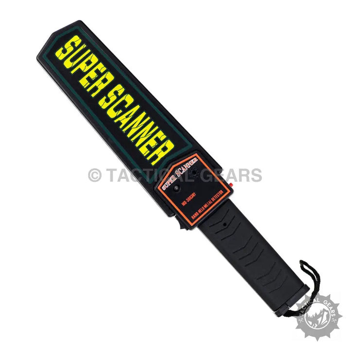 Black handheld metal detector with yellow SUPER SCANNER label for Extra Security Metal Detector