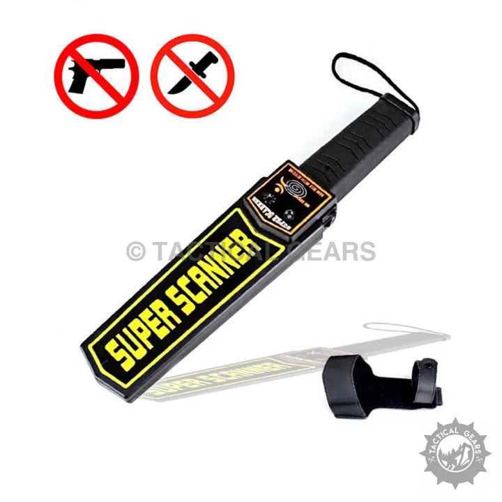 Black handheld metal detector with SUPER SCANNER in yellow text for Extra Security Metal Detector