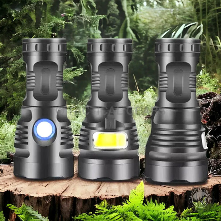 Super Strong Hand Flashlight featuring three heavy-duty tactical flashlights with side-mounted lights