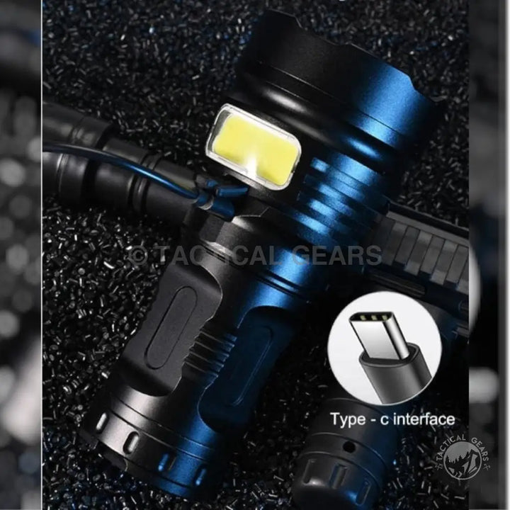 Super Strong Hand Flashlight featuring blue and black tactical design with COB side light and Type-C charging