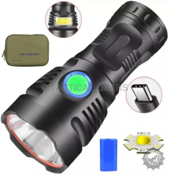 Black LED Flashlight with Green Power Button, Charging Port, Internal LED, and Carrying Case