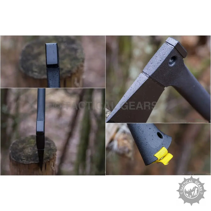 Black tactical combo axe with yellow blade tip and molded plastic case
