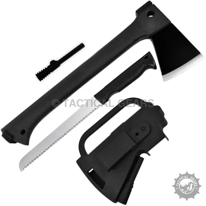 Black combo axe with hunting saw knife in molded plastic case