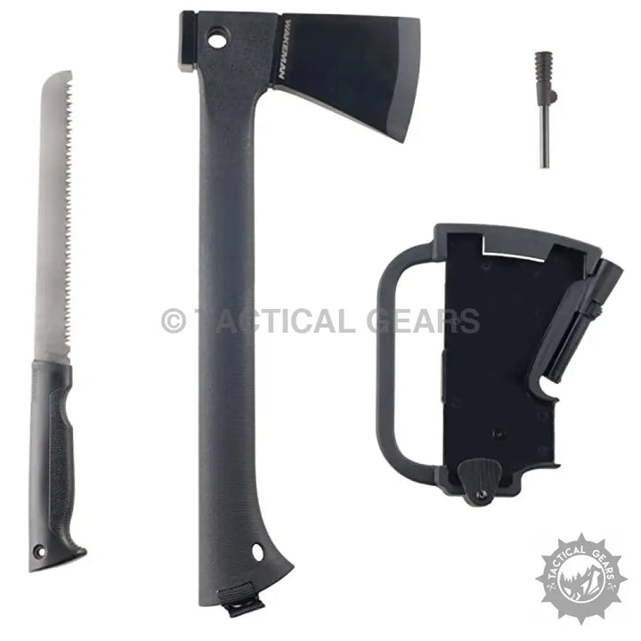 Black combo axe with hunting saw knife in molded plastic case