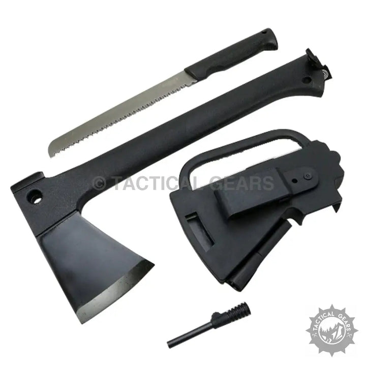 Tactical combo axe with black handle, saw blade, and molded plastic case