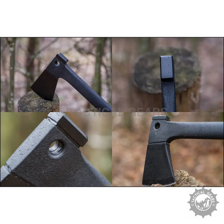 Black combo axe with hunting saw knife in molded plastic case